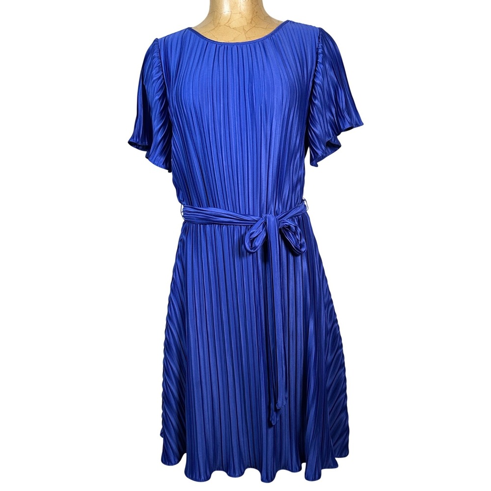 DKNY Royal Blue Pleated Flutter Sleeve‎ Belted Fit and Flare Dress 6 Tie Waist
